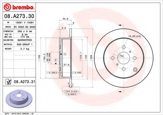 BREMBO 08A27330 гальмівний диск